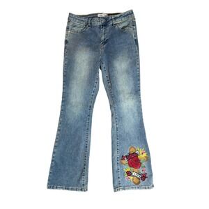 Y2K Embroidered Flare Jeans Tattoo Core Mall Goth Grunge Fairy Indie Sleaze